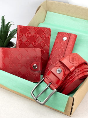 Подарочный набор: кожаный кошелек, обложка для паспорта, ключница и ремень красный | 6679301