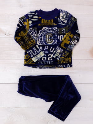 Темно-синя махрова піжама: джемпер з принтом та штани   | 6683388