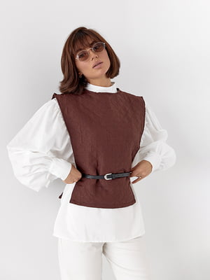 Комбинированная блуза с объемными рукавами, накидкой и поясом | 6684059