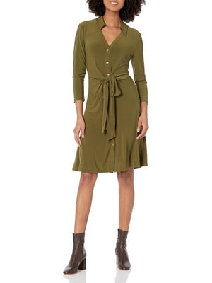Сукня-сорочка зеленого кольору із зав'язками на талії | 6685315
