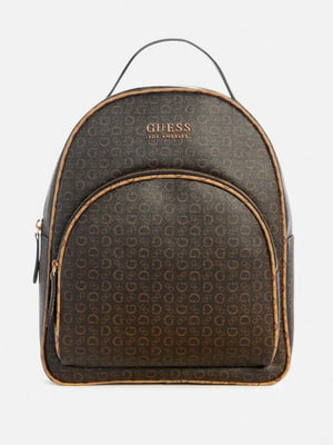 Коричневий рюкзак з брендованим принтом та золотистою фурнітурою | 6685376