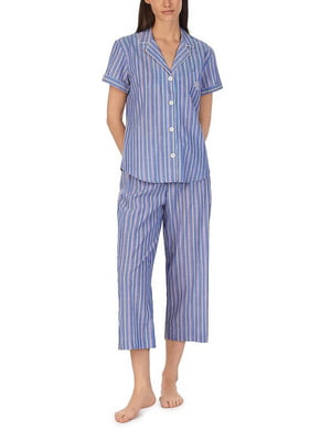 Піжама синя в смужку: сорочка та вкорочені штани | 6685450