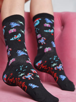 Шкарпетки новорічні чорні з принтом | 6685701