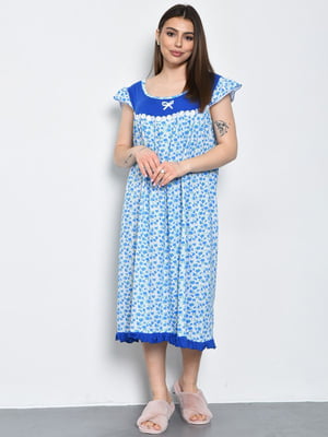 Ночная рубашка полубатальная белая с цветочным принтом и синими вставками | 6686188