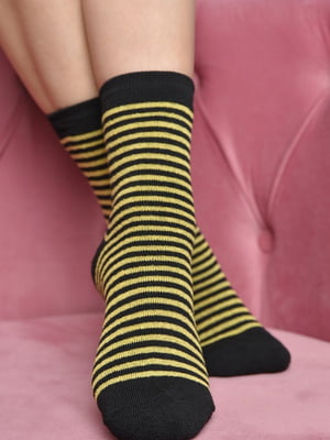 Шкарпетки махрові чорного в жовту смугу кольору | 6687532
