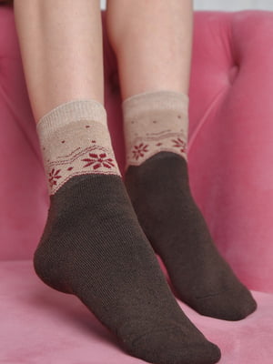 Шкарпетки махра коричневого кольору з бежевою вставкою | 6687543