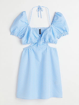 Голубое клетчатое платье с рукавами-фоариками и вырезами по бокам | 6697221