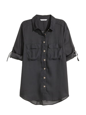 Блуза черная с нагрудными карманами и ругулируемім рукавом | 6697335