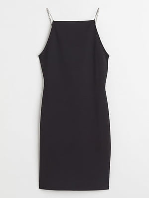 Короткое приталенное черное платье с бретелями из страз | 6697341