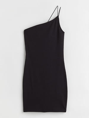 Приталена чорна сукня на одне плече в рубчик | 6697368