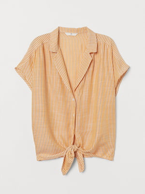 Блуза горчичного цвета в полоску с завязками по низу | 6697703
