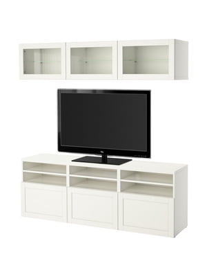 Комбінація для зберігання телевізора з скляними дверима, білий/біле прозоре скло Hanviken, 180х42х192 см  | 6692756