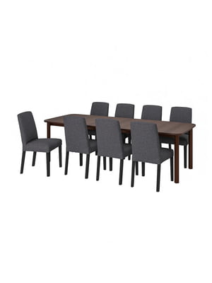 / BERGMUND Стіл і 8 стільців коричневий/Гуннаред середньо-сірий 150/205/260 см | 6692797