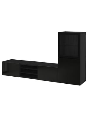 Комбінація для зберігання телевізора/скляні дверцята, чорно-коричневий/глянцевий Selsviken/чорне прозоре скло, 240х42х129 см  | 6692940