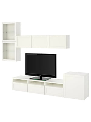 Комбінація для зберігання телевізора/скляні двері білий/біле прозоре скло Hanviken 300х42х211 см | 6693110