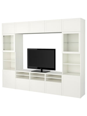Комбінація для зберігання телевізора/скляні двері, білий/біле прозоре скло Hanviken, 300х42х231 см  | 6693397