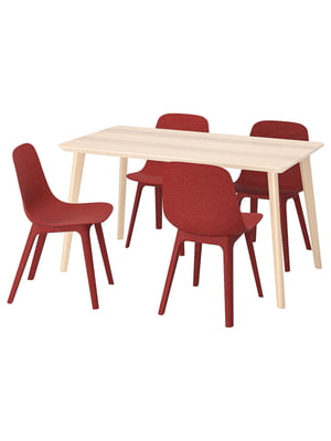 Стіл та 4 стільці шпон ясен/червоний 140 см | 6694197
