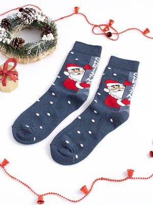 Шкарпетки чоловічі махрові сірого кольору з принтом "Дід Мороз" | 6697908