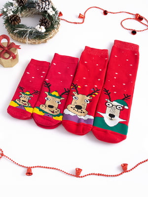 Набір новорічних махрових шкарпеток червоного кольору з принтом "FAMILY LOOK" (4 пари) | 6697921