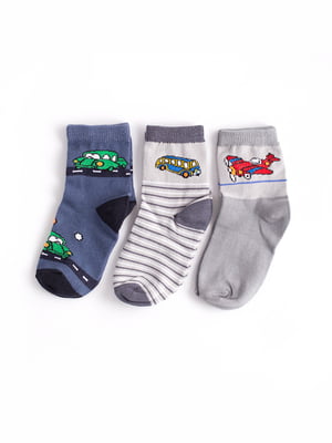 Набір дитячих шкарпеток з принтом "Літак, Автобус, Машина" (3 пари) | 6698019