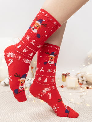 Шкарпетки новорічні червоного кольору з оригінальним принтом "Олень Deer" | 6698030