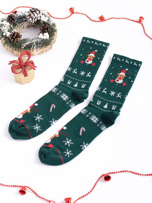 Шкарпетки новорічні зеленого кольору з оригінальним принтом "Олень Deer" | 6698031
