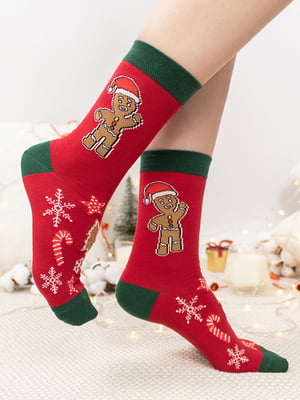 Шкарпетки новорічні з бавовни з оригінальним принтом "Печеньки" червоні | 6698033