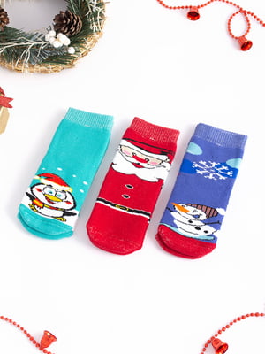 Набір махрових дитячих шкарпеток з новорічним принтом (3 пари) | 6698043