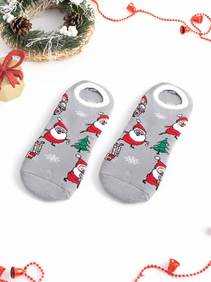 Шкарпетки-сліди новорічні махрові "Дід Мороз" сірі | 6698048