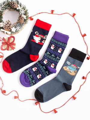 Набір новорічних шкарпеток "Санта брутальний", "Олень" сині, "Сніговик сніжинки" | 6698058