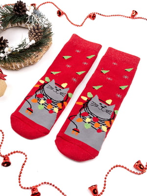 Махрові шкарпетки червоного кольору з принтом "Кіт" | 6698202