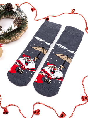 Махрові новорічні шкарпетки сіро-синього кольору з принтом Дід Мороз з парасолькою | 6698204