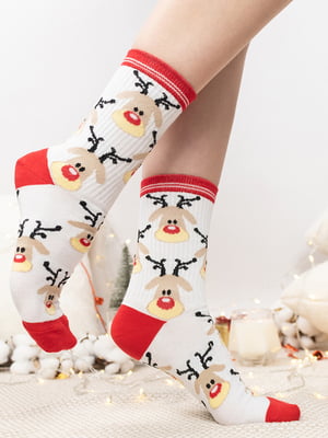 Шкарпетки новорічні білі з оригінальним принтом "Олені" | 6698219