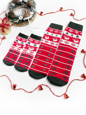 Набір новорічних махрових шкарпеток червоного кольору із принтом "FAMILY LOOK" (4 пари) | 6698240