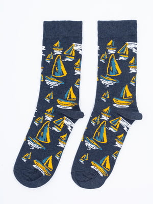 Шкарпетки високі темно-синього кольору з принтом "Кораблики" | 6698271