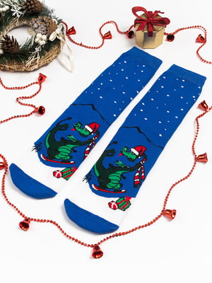 Махрові новорічні шкарпетки синього кольору з принтом "Дракон" | 6698632