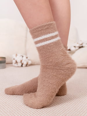 Жіночі вовняні шкарпетки кольору капучіно зі смужками. | 6698652