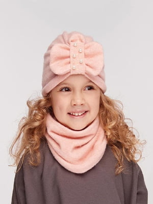 Комплект персикового кольору: шапка з бантом та хомут | 6700762