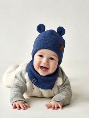 Синій комплект: шапка з вушками і шарф-хомут | 6701244