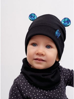 Чорний комплект: шапка з вушками і шарф-хомут | 6701326