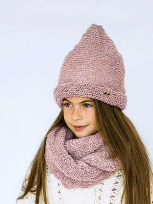 Комплект пудрового кольору: шапка з закотом і шарф-хомут | 6701421