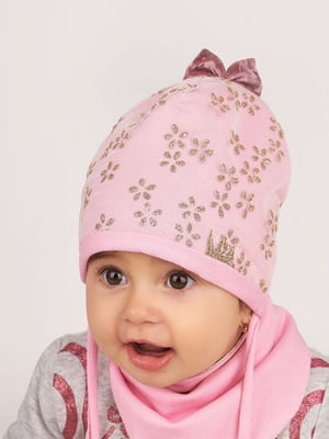 Рожевий комплект: шапка з зав’язками і шарф | 6701465