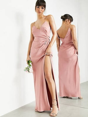 Сукня-максі рожевого кольору з відкритою спинкою та глибоким розрізом | 6508923