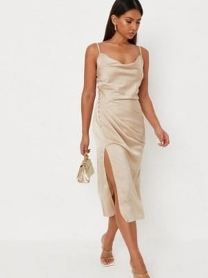 Сукня-міді в білизняному стилі бежева з розрізом на ніжці | 6698859