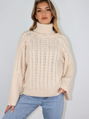 В'язаний светр з високим коміром молочного кольору | 6698860