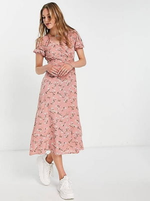 Сукня-міді А-силуету рожева з квітковим принтом | 6698888