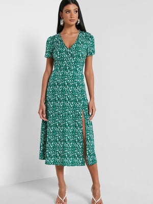Сукня-міді А-силуету зелена з принтом та вирізом на ніжці | 6698972