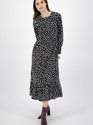 Сукня-міді А-силуету чорна з принтом з оборкою по поділу | 6699033