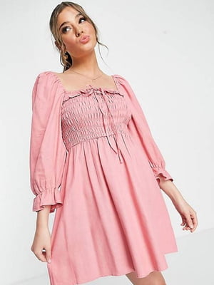 Сукня А-силуету рожева з ліфом-резинкою та вирізом-каре із зав’язкою | 6699073