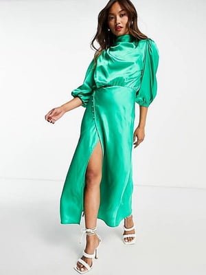 Платье-миди зеленое со свободным верхом и разрезом на ножке | 6699124